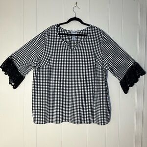 Catherines Black and White Checkered Blouse with Lace Sleeves